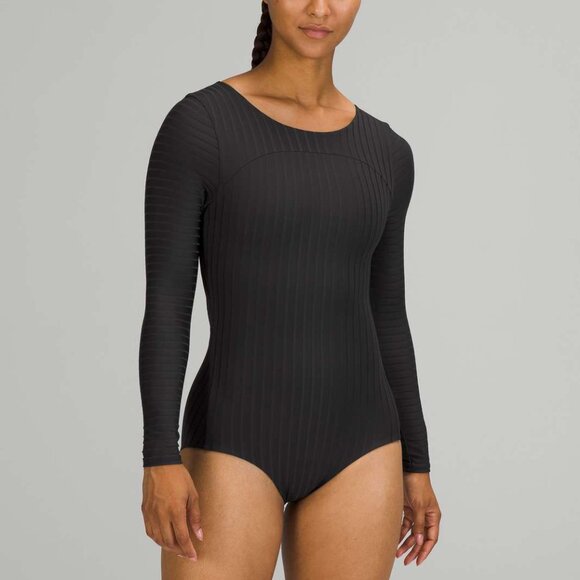 Lululemon Athletica Women's Ribbed Wrap-Back Long-Sleeve One-Piece in Black - Picture 1 of 10
